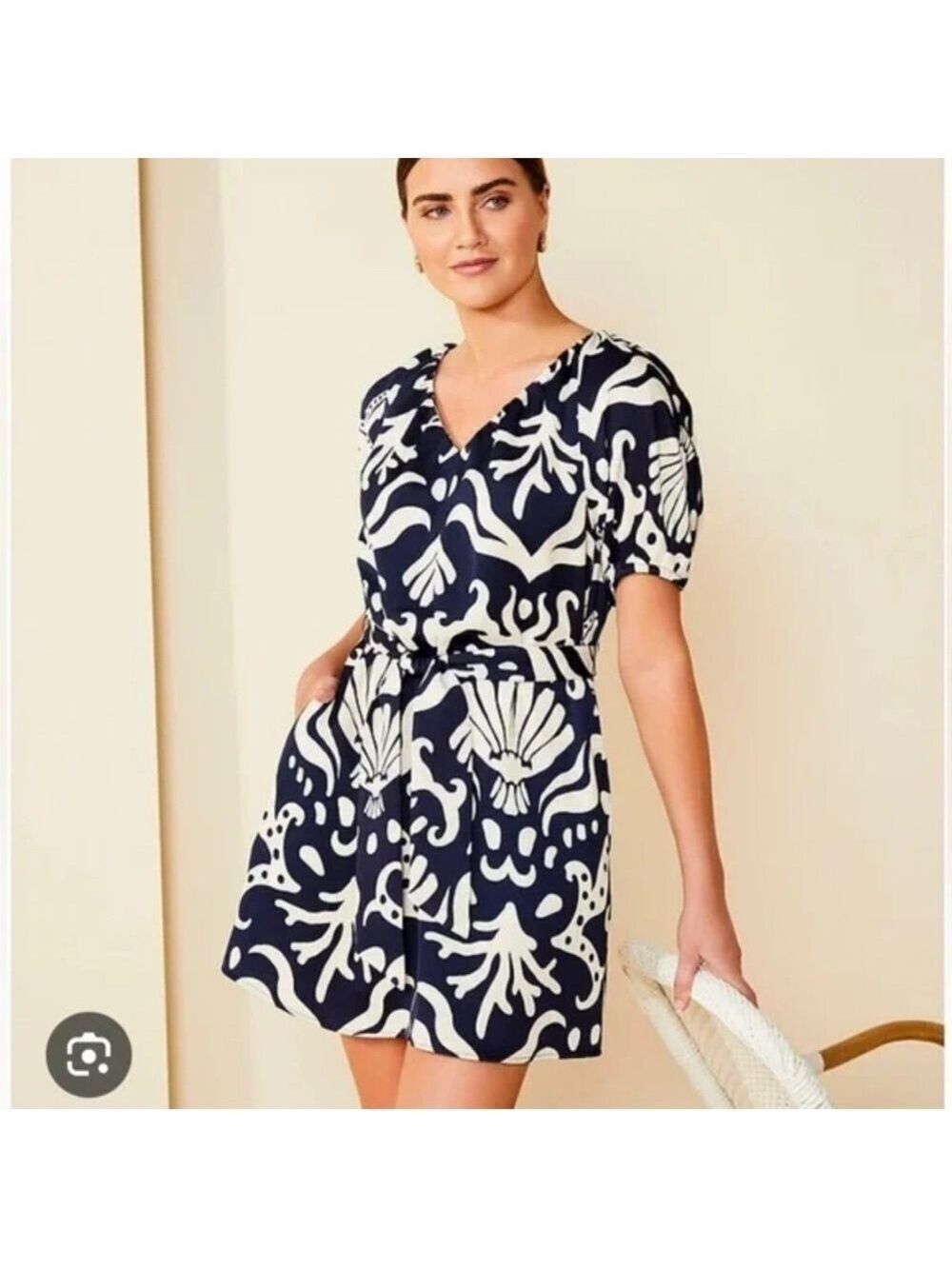 Alex Marie abstract dress Medium belted puff sleeve pocket shell navy print
